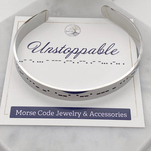 unstoppable shiny silver morse code cuff bracelet