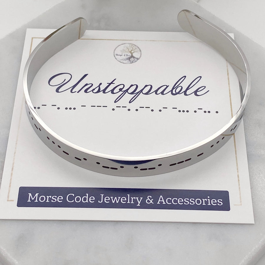 unstoppable shiny silver morse code cuff bracelet