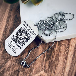 Stainless steel dog tag tag attached to a 30" ball chain. Dog tag is engraved witth the quote "Until my eyes can see you, my heart will hear you." The name Dad and the date of birth 7.23.34 