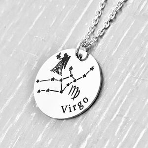 silver stainless steel 7/8" disc engraved with Virgo, its constellation, symbol, and the Maiden. attached to a stainless steel cable chain with lobster clasp
