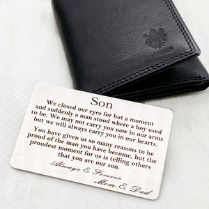 Wallet Card addressed to Son and signed by Mom & Dad