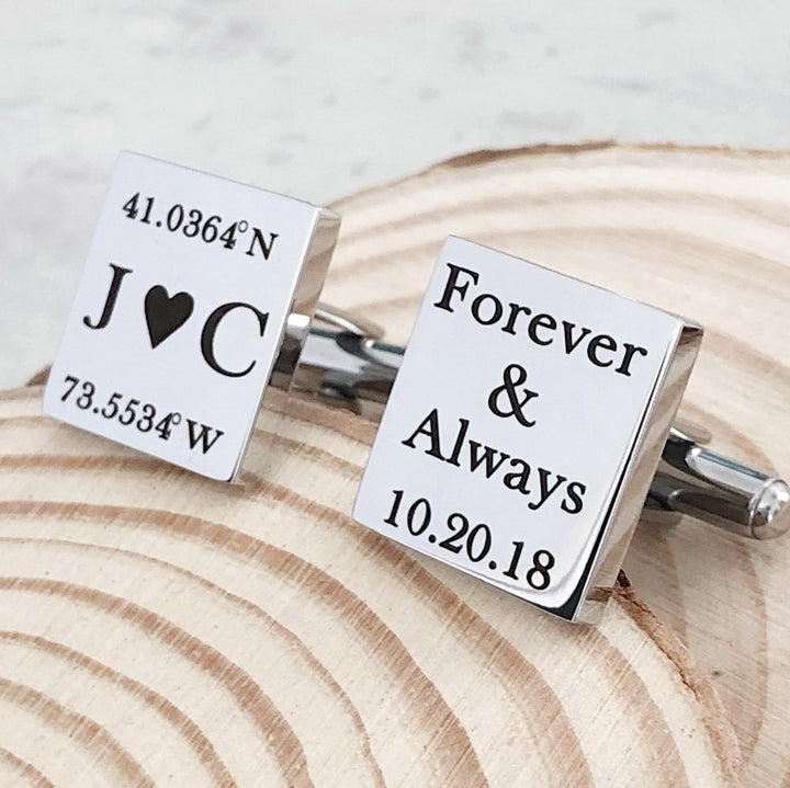 Wedding location coordinates with bride and groom initial silver sqaure cufflinks