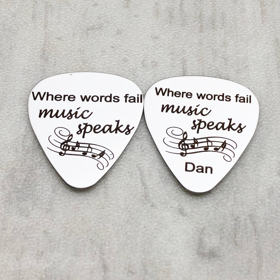where words fail music speaks silver stainless steel guitar pick