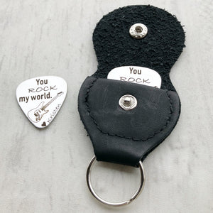 You rock my world silver stainless steel guitar pick with black leather case