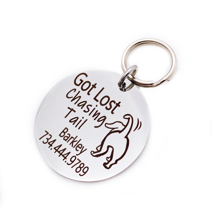 Silver stainless steel dog collar id tag with black engraving "Got Lost Chasing Tail" with a picture of a dog's butt with waiging tail, pets name and telephone number