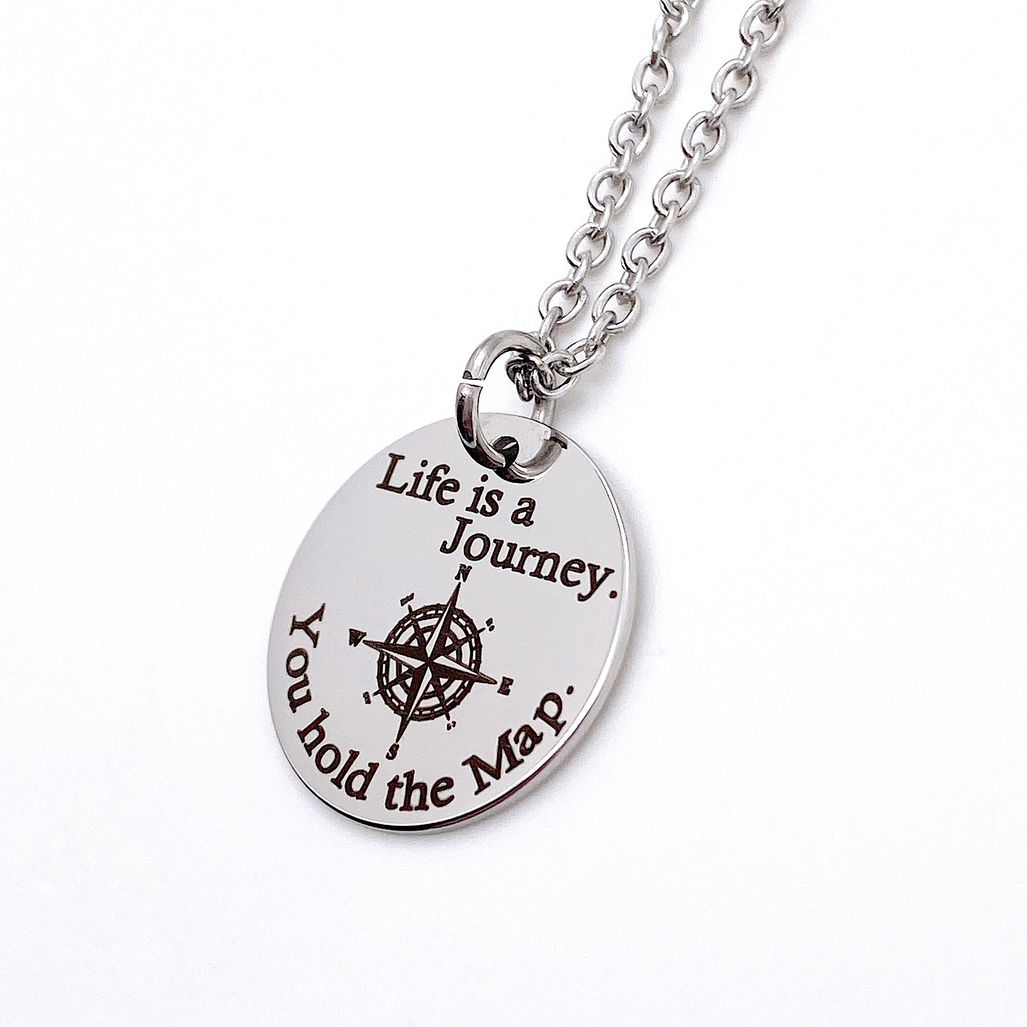 Engraved Compass Necklace With Diamond - Silver - Oak & Luna