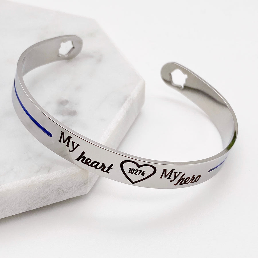 Police thin blue line cuff bracelet with badge number engraved with my heart my hero 