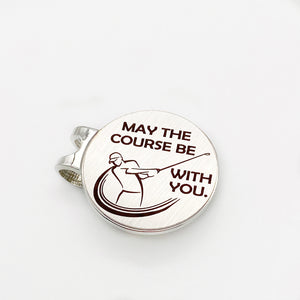 1 inch silver golf ball marker with hat clip - "may the course be with you" with golfer swinging club